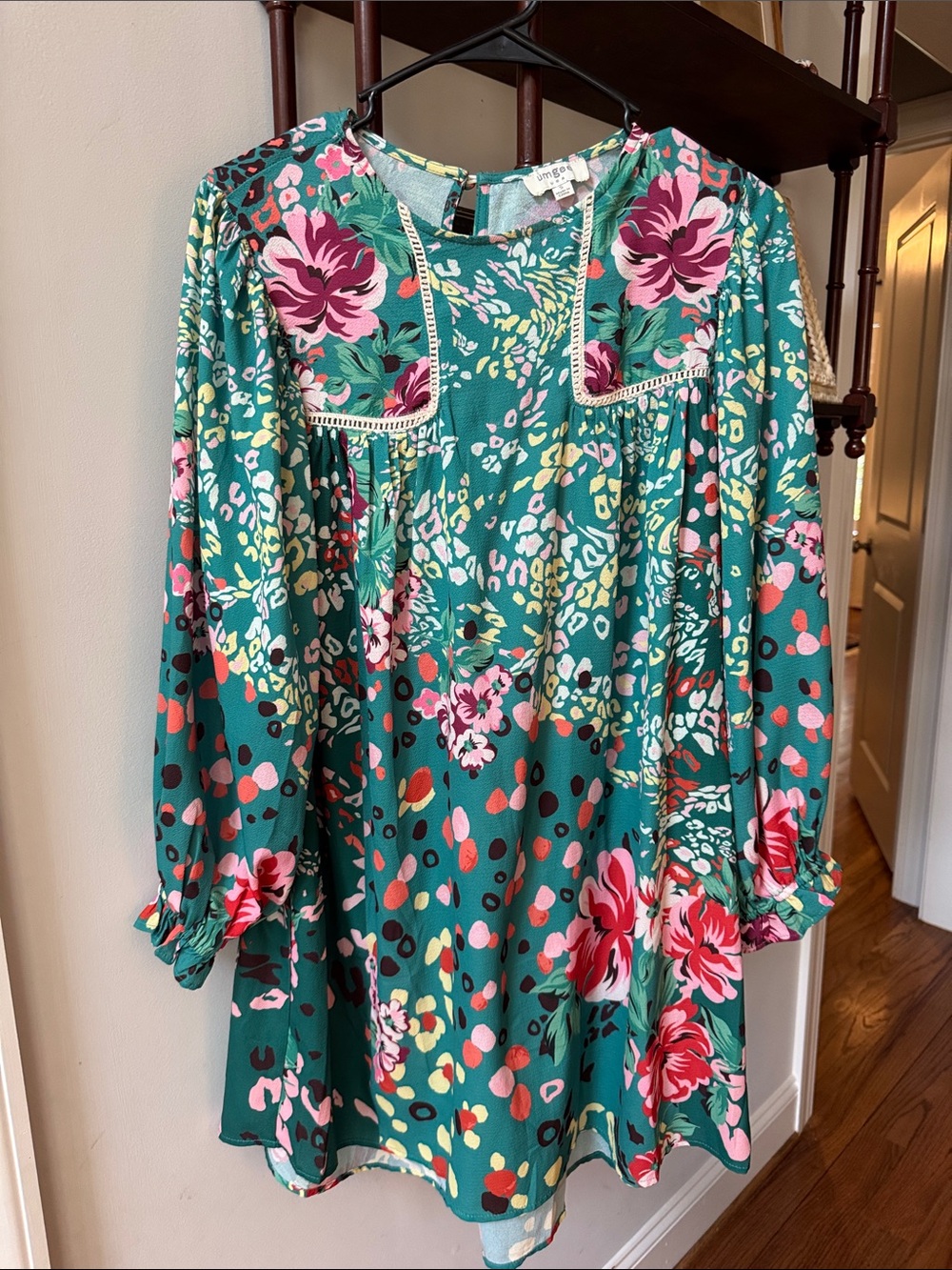Umgee Teal Floral Boho Blouse with Pink Accents